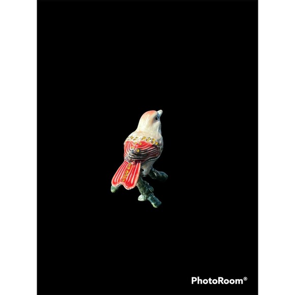 Vtg Female Cardinal Bird Pewter Jewelry Trinket Box Hinged Lid Enamel Jeweled - Picture 8 of 9